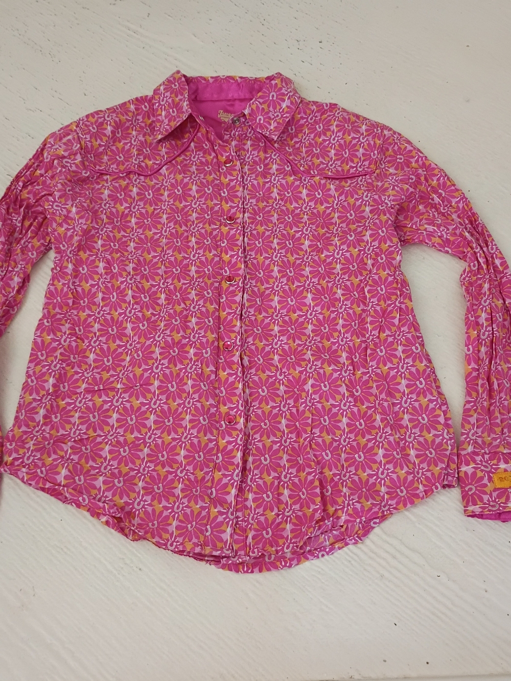 Girls Bright Pink Floral Horseshoe Button-Down Shirt - Casual Collar